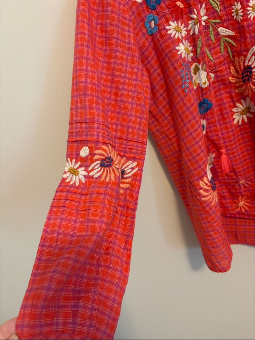 Johnny Was Workshop Red and Purple Plaid Embroidered Floral Peasant Blouse - Picture 6 of 10